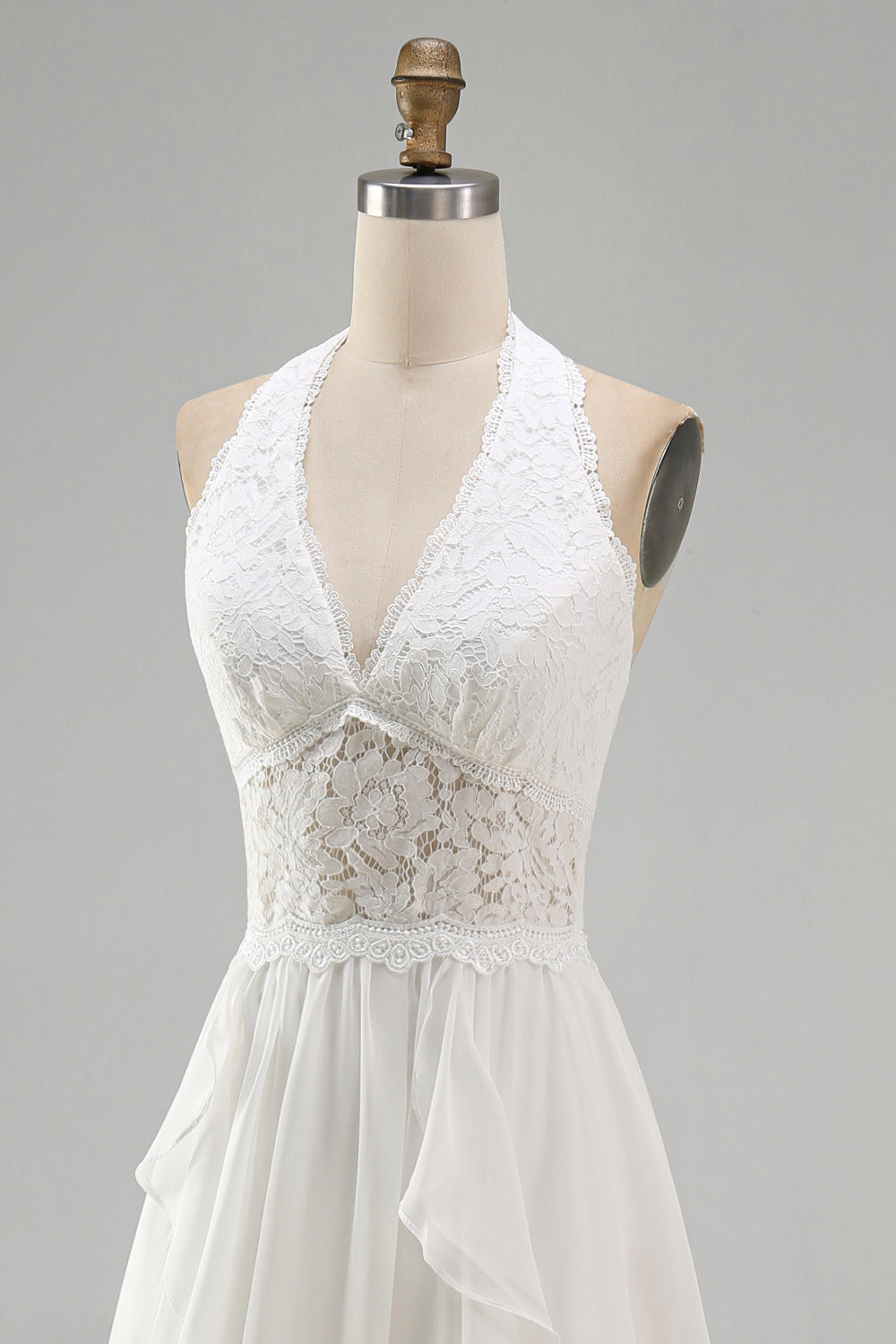 Ivory Chiffon Ruffled A-Line Sweep Train Beach Wedding Dress with Lace