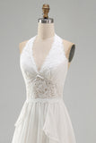 Ivory Chiffon Ruffled A-Line Sweep Train Beach Wedding Dress with Lace