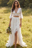 2 Piece Ivory Lace A-Line Sweep Train Boho Wedding Dress with Sleeves