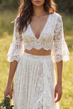 2 Piece Ivory Lace A-Line Sweep Train Boho Wedding Dress with Sleeves