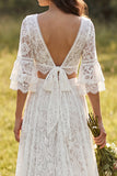 2 Piece Ivory Lace A-Line Sweep Train Boho Wedding Dress with Sleeves