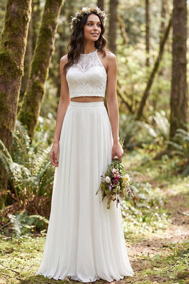 2 Piece Ivory Chiffon A-Line Sweep Train Wedding Dress with Lace