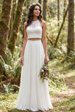 2 Piece Ivory Chiffon A-Line Sweep Train Wedding Dress with Lace