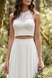 2 Piece Ivory Chiffon A-Line Sweep Train Wedding Dress with Lace