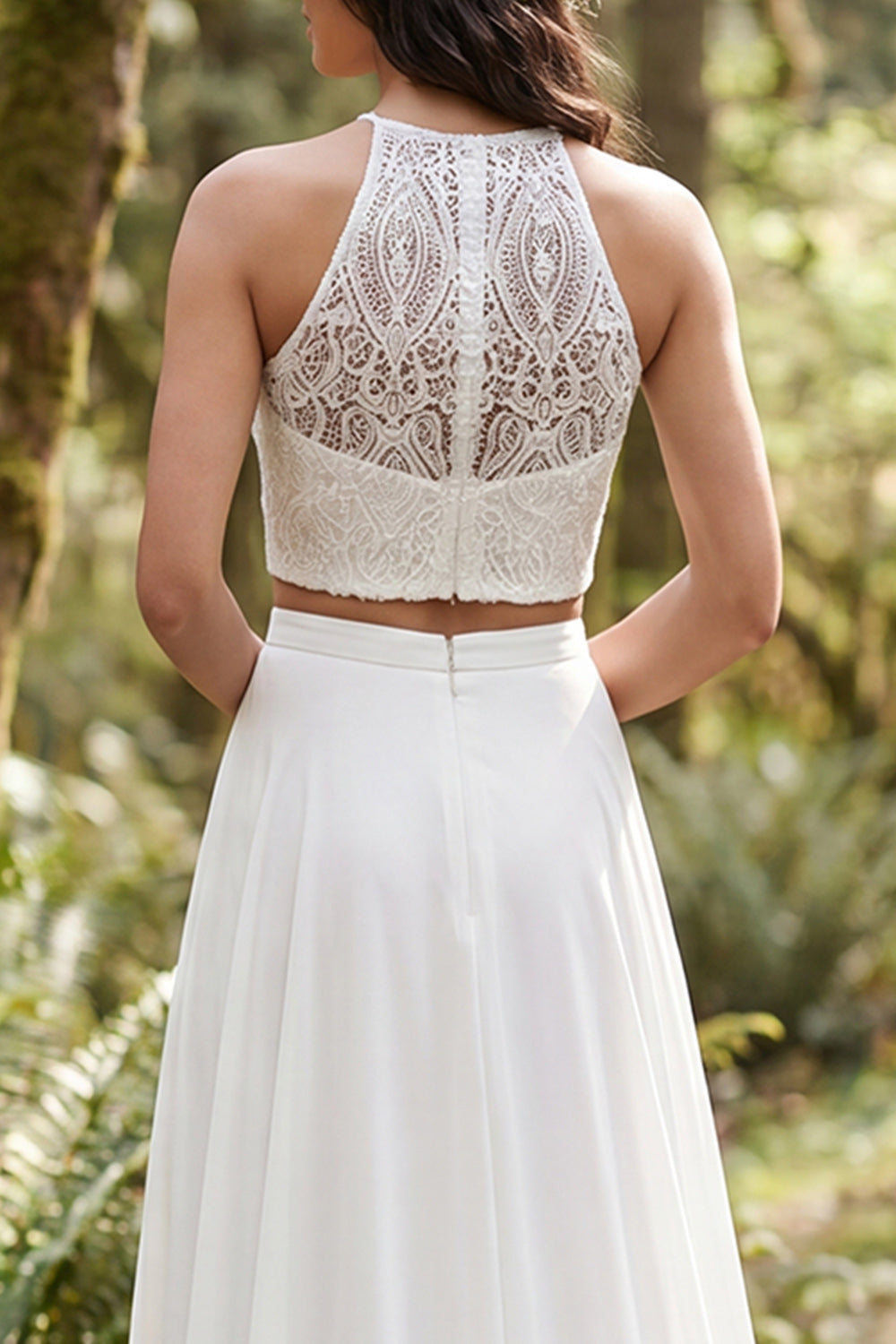 2 Piece Ivory Chiffon A-Line Sweep Train Wedding Dress with Lace