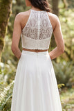 2 Piece Ivory Chiffon A-Line Sweep Train Wedding Dress with Lace
