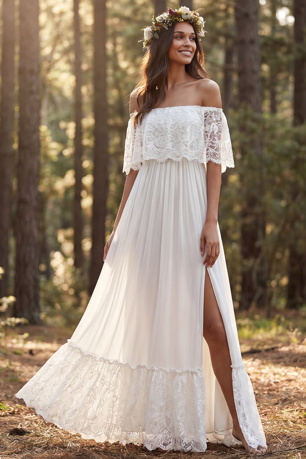 Ivory Chiffon Sweep Train A-Line Off The Shoulder Wedding Dress with Slit
