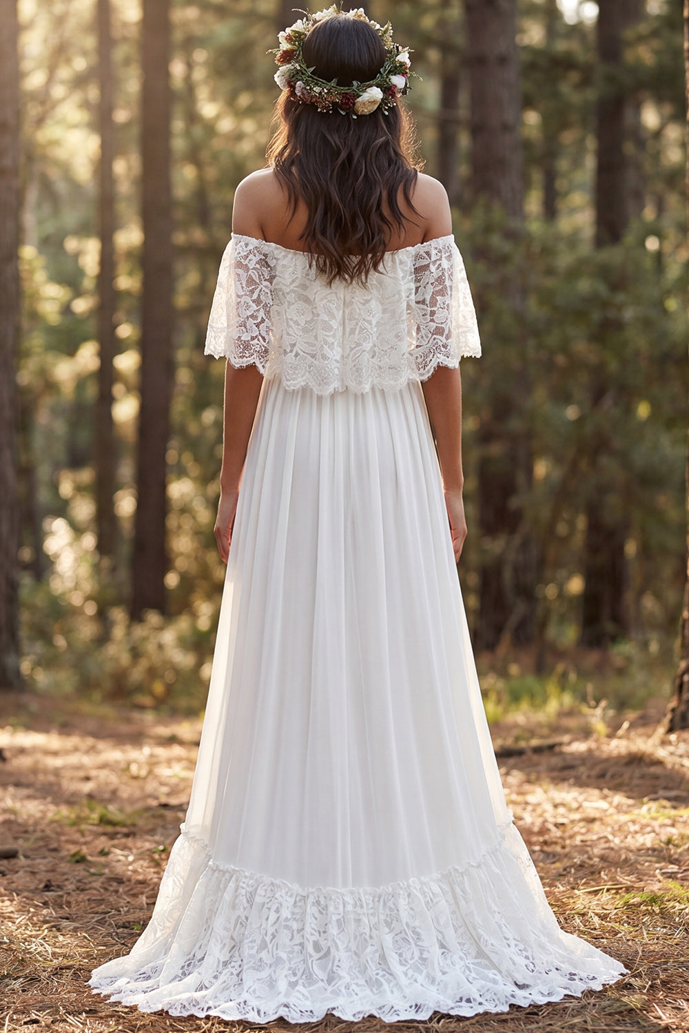 Ivory Chiffon Sweep Train A-Line Off The Shoulder Wedding Dress with Slit