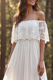 Ivory Chiffon Sweep Train A-Line Off The Shoulder Wedding Dress with Slit