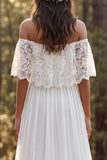 Ivory Chiffon Sweep Train A-Line Off The Shoulder Wedding Dress with Slit
