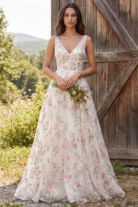 Floral Ivory A-Line V-Neck Sweep Train Wedding Dress