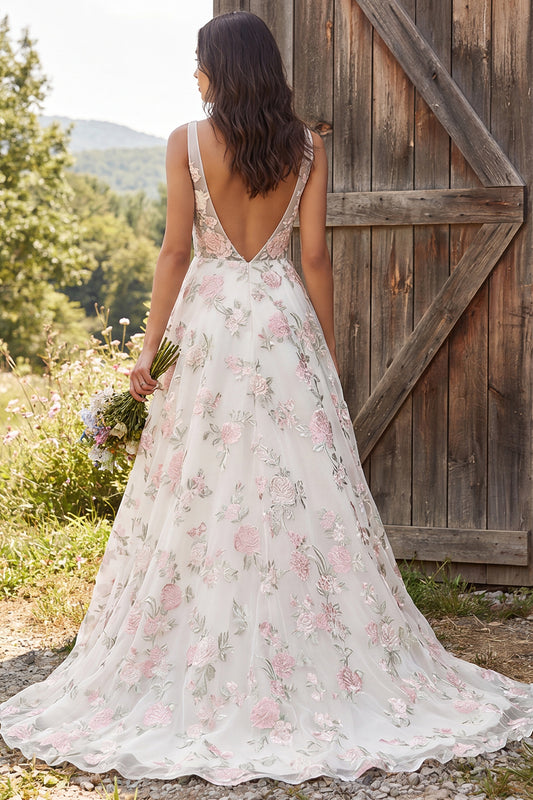 Floral Ivory A-Line V-Neck Sweep Train Wedding Dress