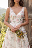 Floral Ivory A-Line V-Neck Sweep Train Wedding Dress