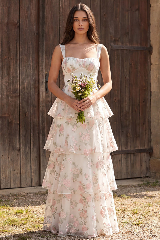 Floral Ivory Tiered Ruffled A-Line Thick Straps Maxi Wedding Dress
