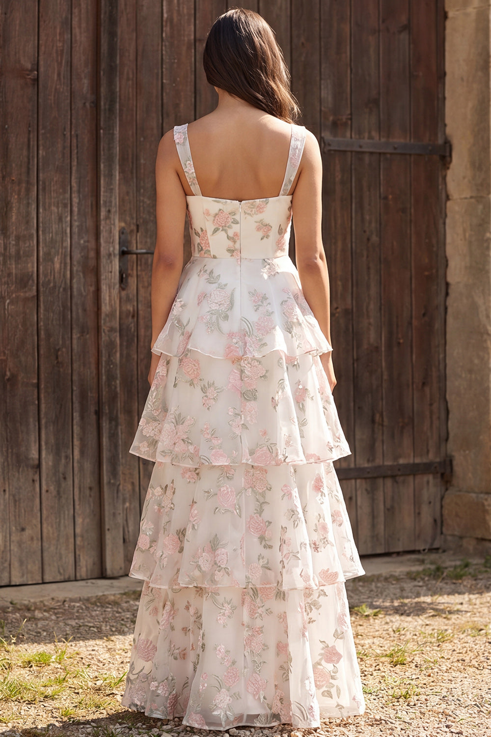 Floral Ivory Tiered Ruffled A-Line Thick Straps Maxi Wedding Dress