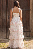 Floral Ivory Tiered Ruffled A-Line Thick Straps Maxi Wedding Dress