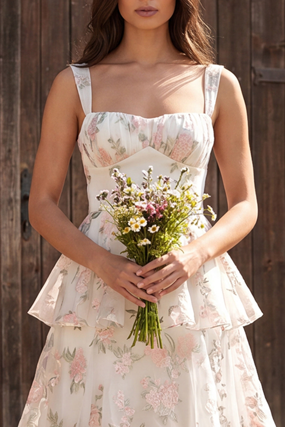 Floral Ivory Tiered Ruffled A-Line Thick Straps Maxi Wedding Dress