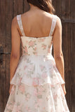 Floral Ivory Tiered Ruffled A-Line Thick Straps Maxi Wedding Dress