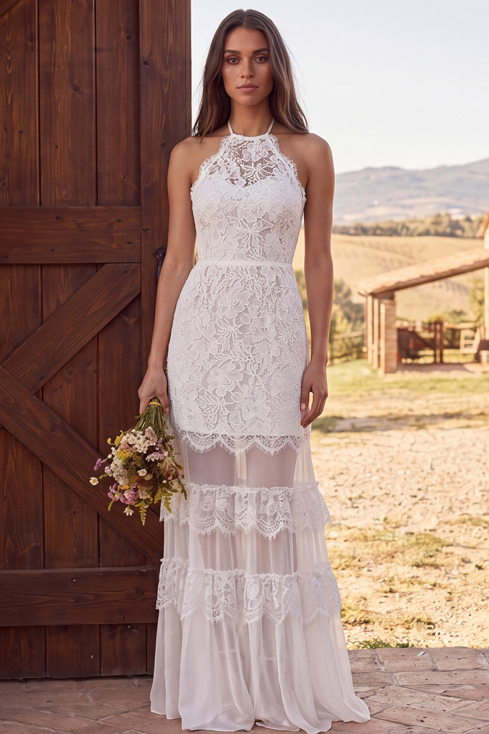 Ivory Lace Halter Neck Mermaid Ruffled Maxi Boho Wedding Dress