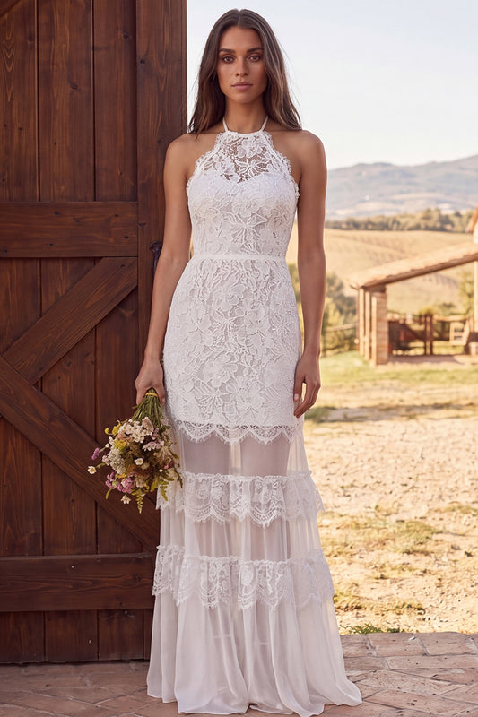 Ivory Lace Halter Neck Mermaid Ruffled Maxi Boho Wedding Dress