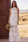 Ivory Lace Halter Neck Mermaid Ruffled Maxi Boho Wedding Dress