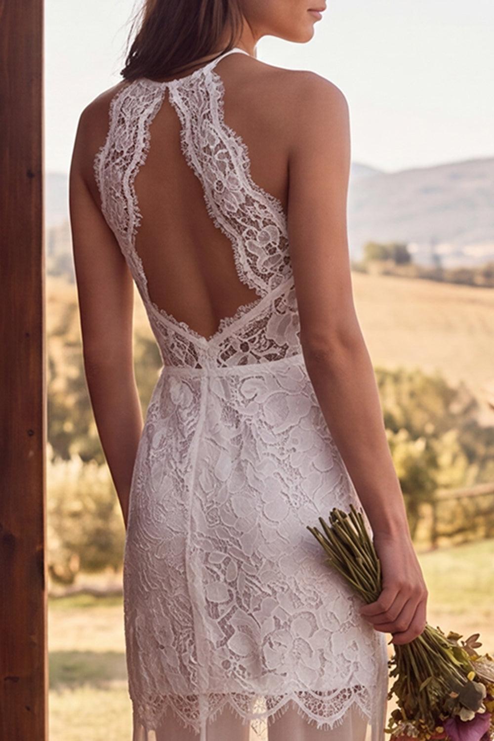 Ivory Lace Halter Neck Mermaid Ruffled Maxi Boho Wedding Dress