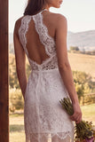 Ivory Lace Halter Neck Mermaid Ruffled Maxi Boho Wedding Dress