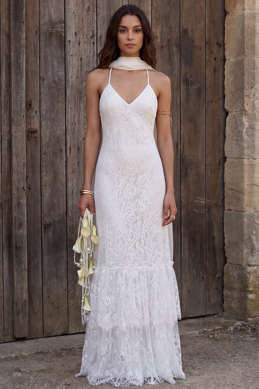 Ivory Lace Halter Neck Mermaid Neck Scarf Sweep Train Boho Wedding Dress