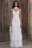 Ivory Lace Halter Neck Mermaid Neck Scarf Sweep Train Boho Wedding Dress