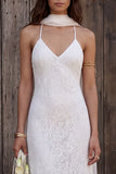 Ivory Lace Halter Neck Mermaid Neck Scarf Sweep Train Boho Wedding Dress