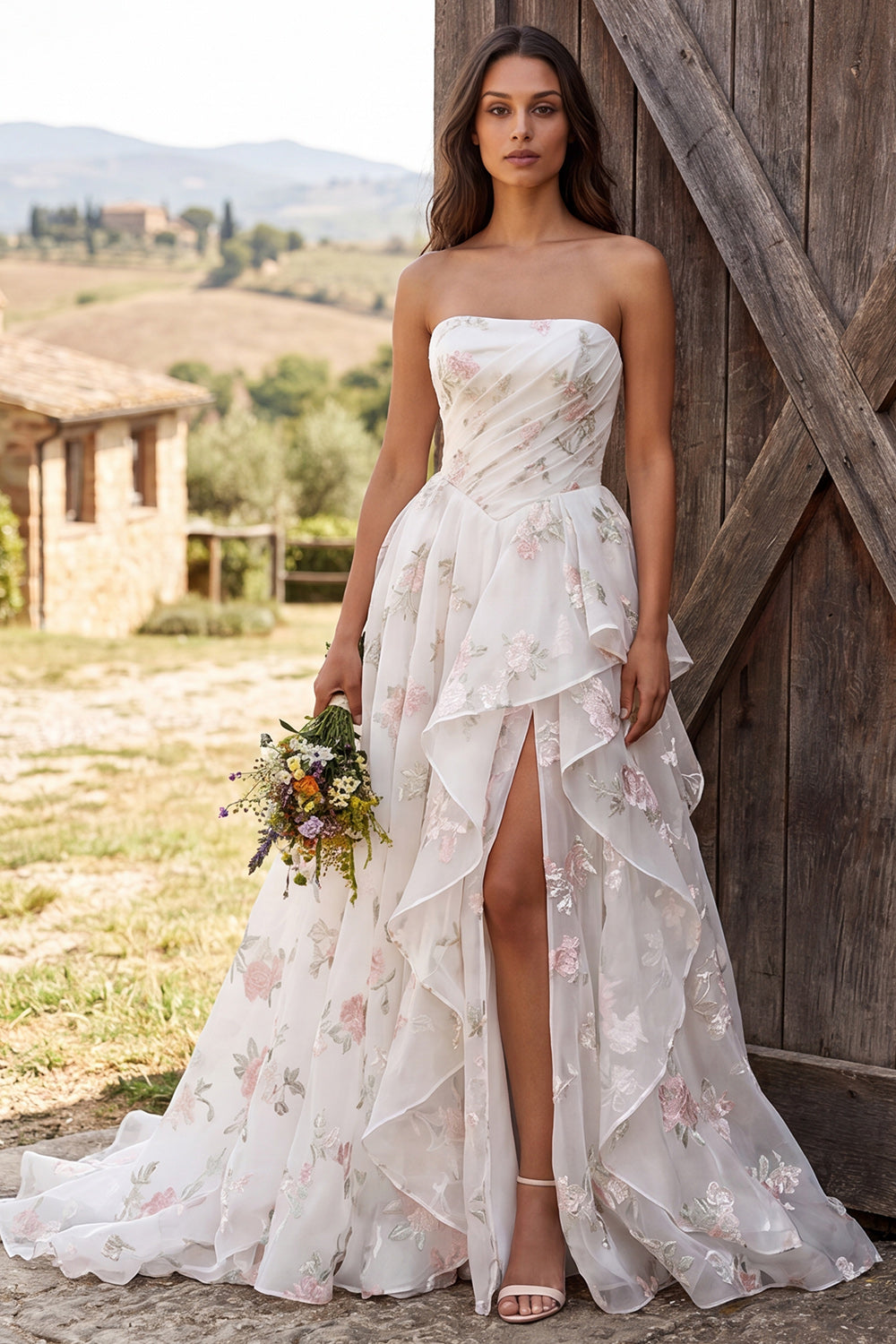 Floral Ivory Ruched Ruffled A-Line Sweep Train Wedding Dress with Slit