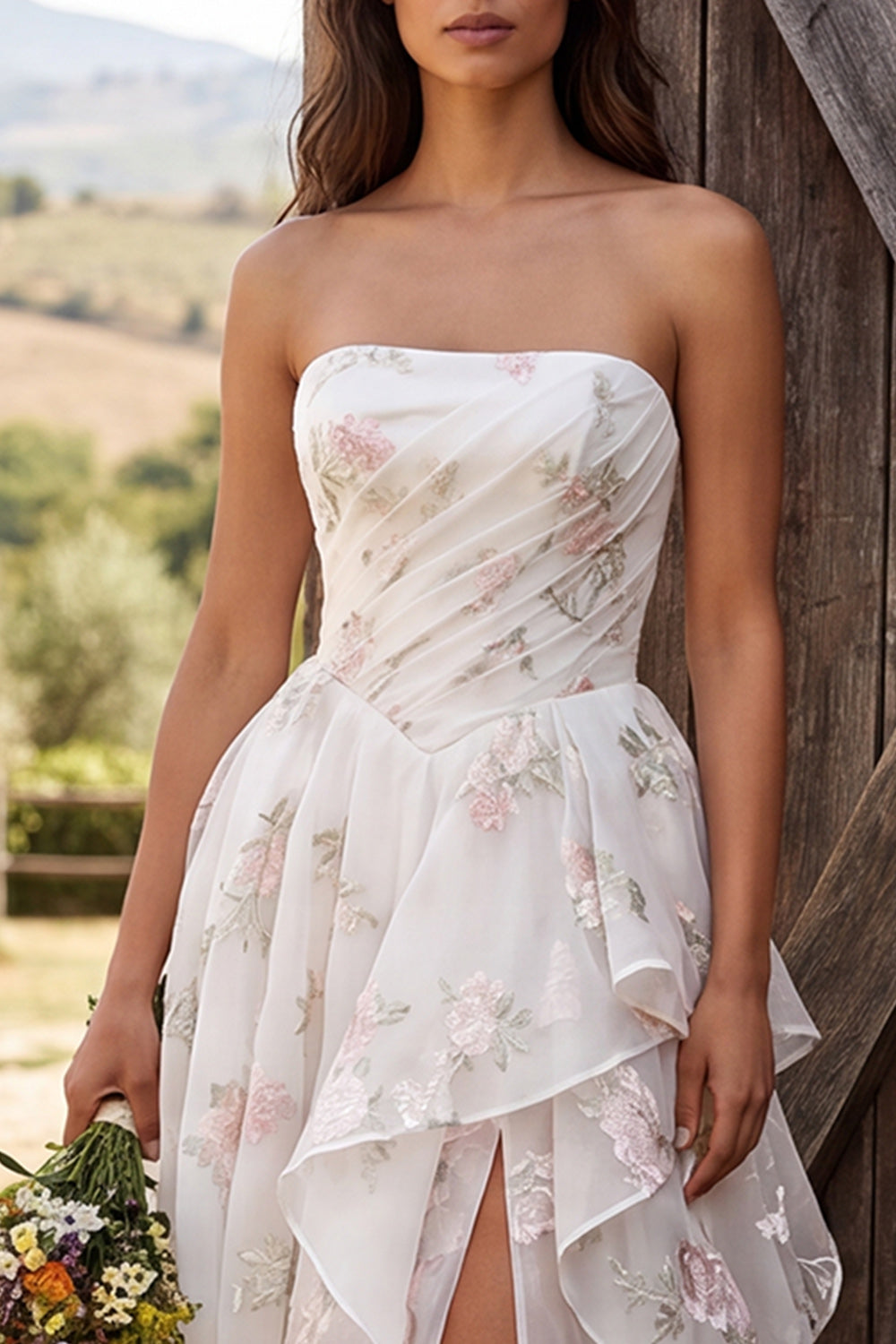 Floral Ivory Ruched Ruffled A-Line Sweep Train Wedding Dress with Slit