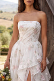 Floral Ivory Ruched Ruffled A-Line Sweep Train Wedding Dress with Slit