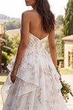 Floral Ivory Ruched Ruffled A-Line Sweep Train Wedding Dress with Slit