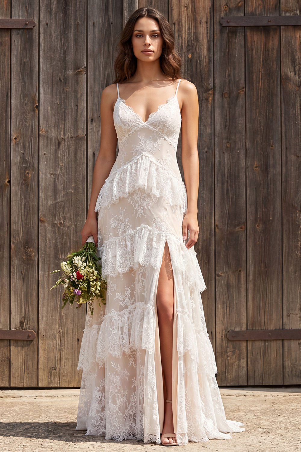 Ivory Lace Tiered Sweep Train A-Line Boho Wedding Dress with Slit