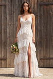 Ivory Lace Tiered Sweep Train A-Line Boho Wedding Dress with Slit