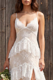 Ivory Lace Tiered Sweep Train A-Line Boho Wedding Dress with Slit