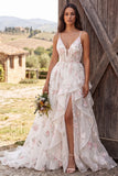Floral Ivory Ruffled A-Line Sweep Train Wedding Dress with Slit