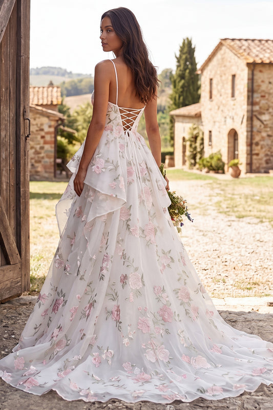 Floral Ivory Ruffled A-Line Sweep Train Wedding Dress with Slit