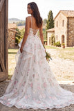Floral Ivory Ruffled A-Line Sweep Train Wedding Dress with Slit