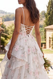 Floral Ivory Ruffled A-Line Sweep Train Wedding Dress with Slit