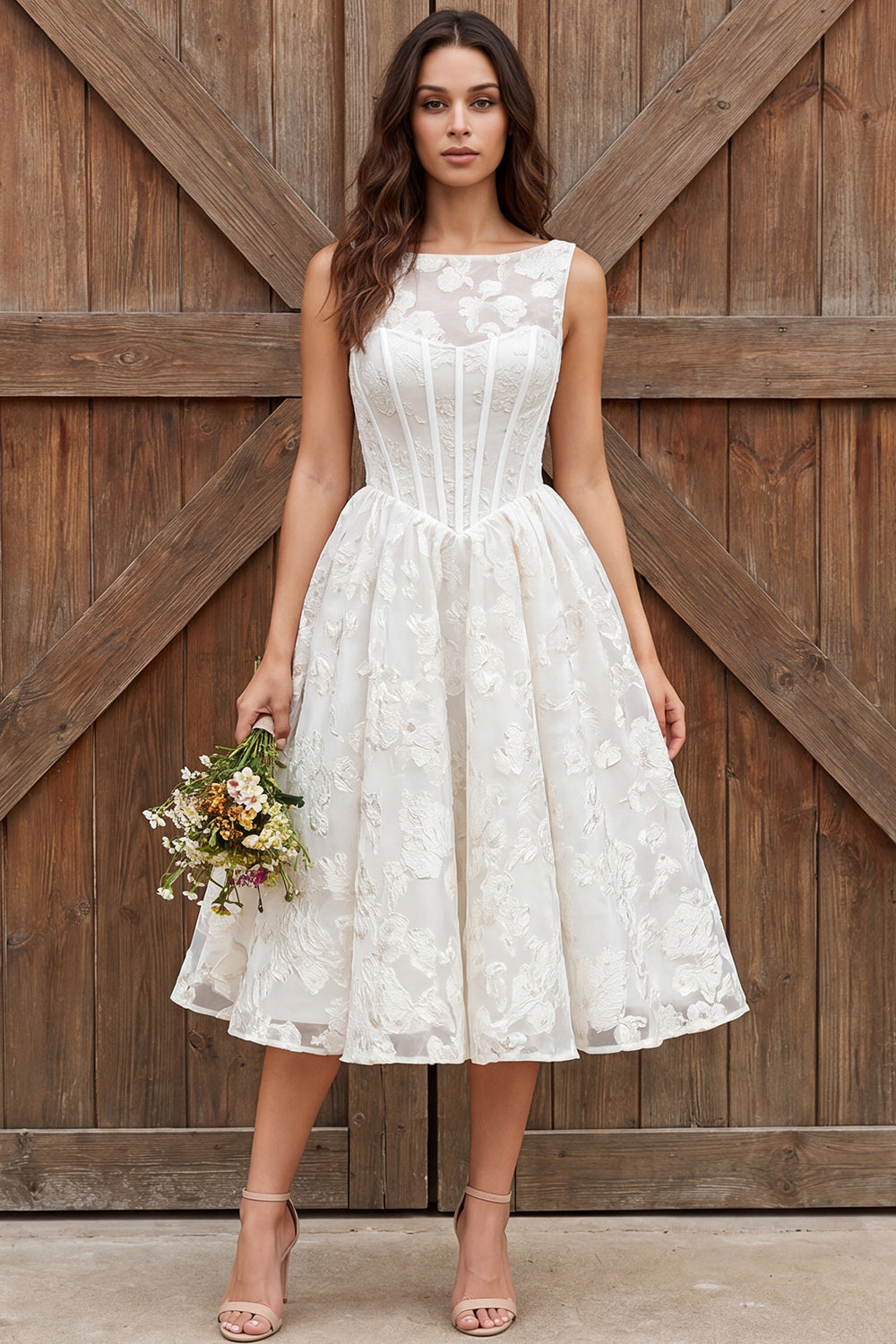 Ivory Flower Corset Boat Neck A Line Midi Engagement Dress