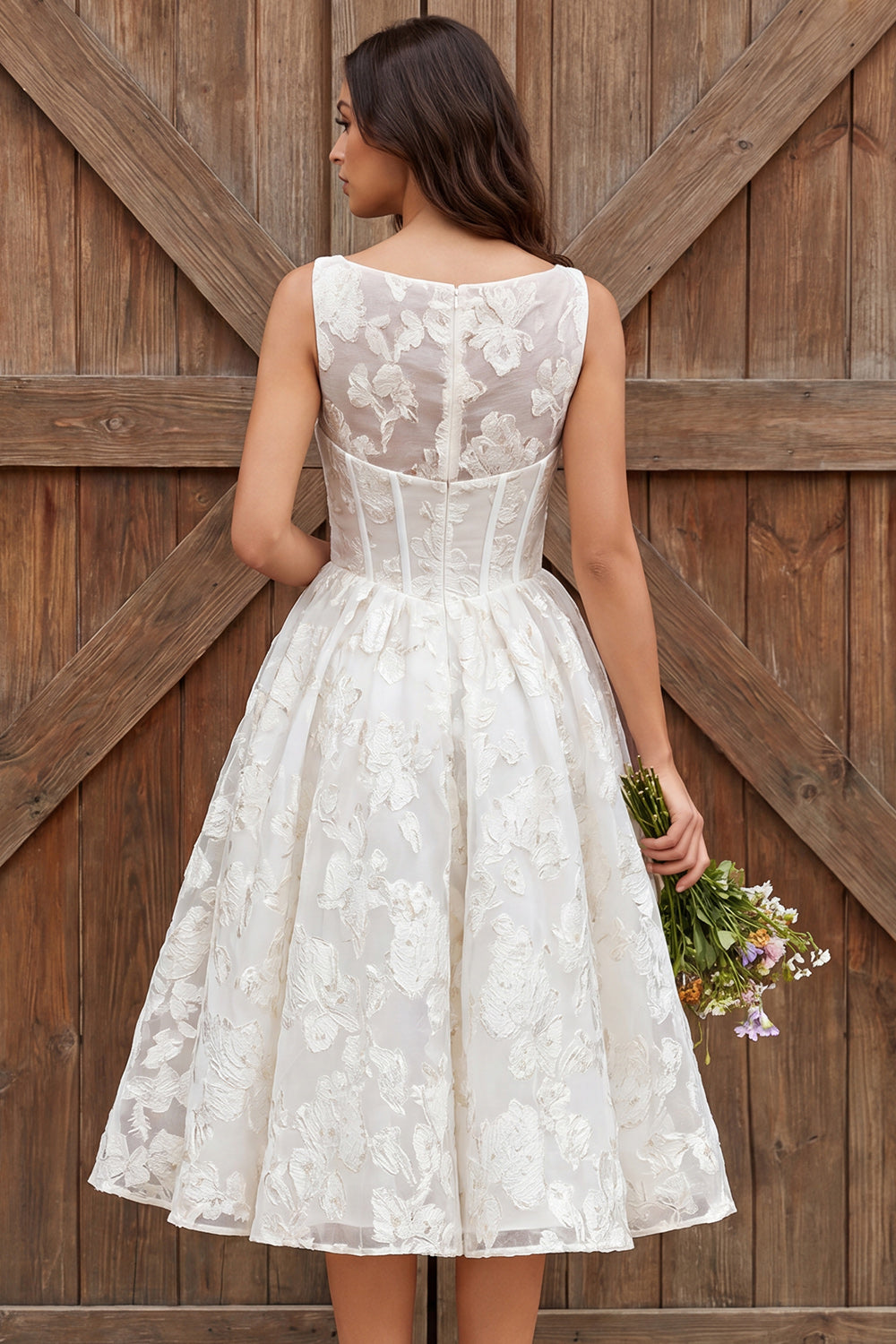 Ivory Flower Corset Boat Neck A Line Midi Engagement Dress
