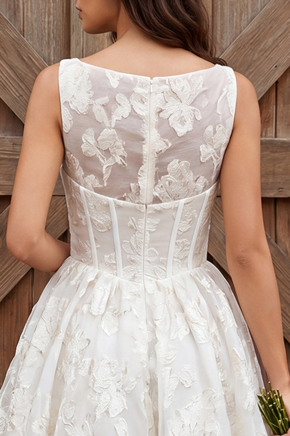 Ivory Flower Corset Boat Neck A Line Midi Engagement Dress