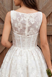 Ivory Flower Corset Boat Neck A Line Midi Engagement Dress