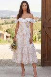 Floral Ivory Tiered Ruffled A-Line Midi Engagement Dress with Lace