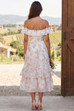 Floral Ivory Tiered Ruffled A-Line Midi Engagement Dress with Lace