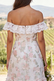 Floral Ivory Tiered Ruffled A-Line Midi Engagement Dress with Lace
