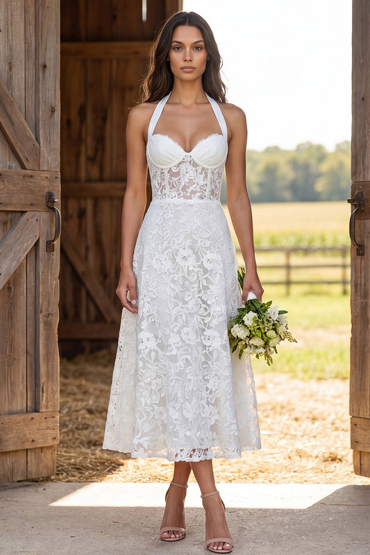 Floral Ivory Lace Corset Halter Neck A-Line Long Engagement Dress