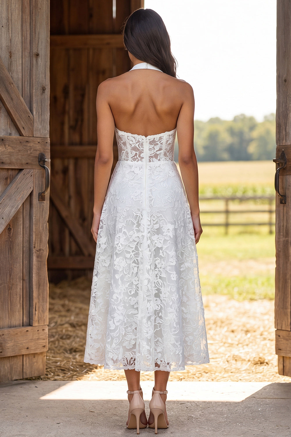 Floral Ivory Corset Halter Neck A-Line Midi Engagement Dress